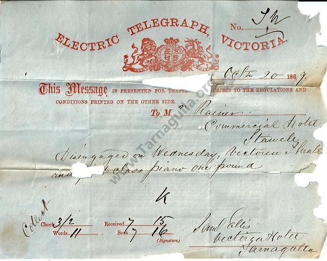 Telegram from the Victoria Hotel, Tarnagulla, 1869.