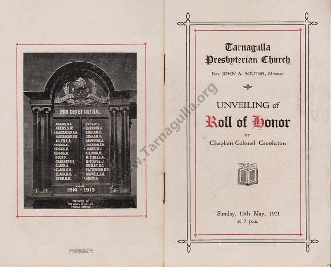 Tarnagulla Presbyterian Church Roll of Honour Unveiled Sunday 15 May 1921