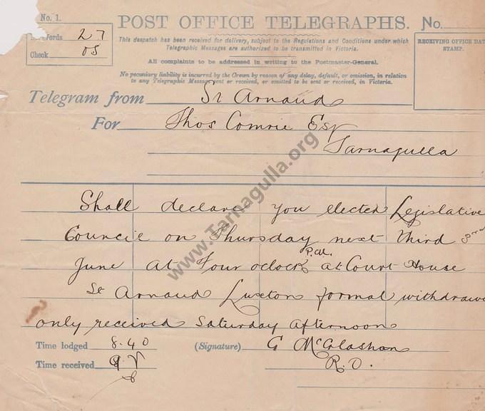 Telegram to Thomas Comrie re declaration of the Poll for North Western Province June 1897