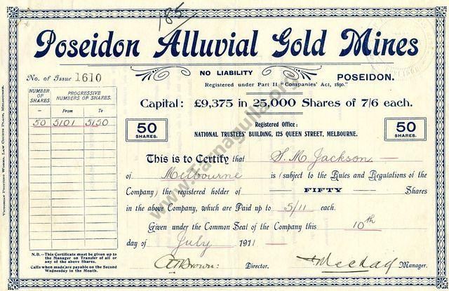 Share Certificate for Poseidon Alluvial Gold Mines N.L. dated 1911.