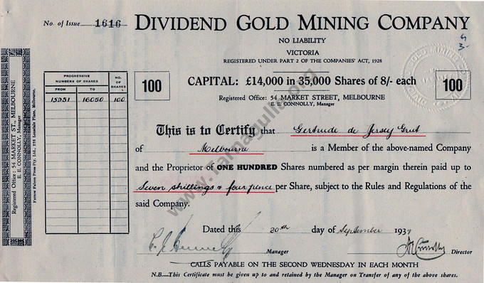 Dividend Gold Mining Company, 1937.