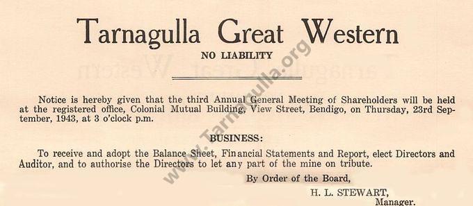 Tarnagulla Great Western NL Notice of Annual General Meeting 23 September 1943