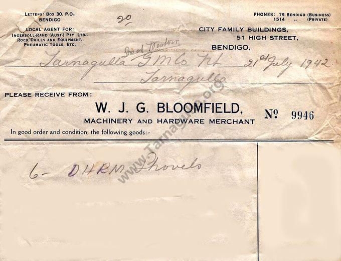 W. J. G. Bloomfield Invoice to Tarnagulla Great Western Mine 21 July  1942