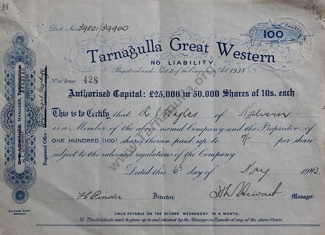 Share Certificate Tarnagulla Great Western, NL., dated 1942