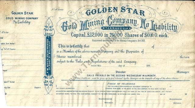 The Star Reef is located at Halfway, near the Corfu Reef, between Tarnagulla and Newbridge.
The Golden Star Company was floated in 1880, and had a short and relatively unsuccessful life. This is a printer's proof of the company's share certificate. Da...