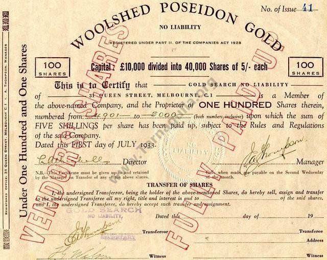 Share Certificate of Woolshed Poseidon Gold dated 1933
David Gordon Collection.