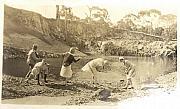 Fotheringhams at the dredge dam, mid-1920s.