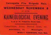 Ticket to a Kaineological Evening in the Tarnagulla Fire Brigade Hall  5 November (?) 1880