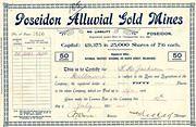 Share Certificate for Poseidon Alluvial Gold Mines N.L. dated 1911.